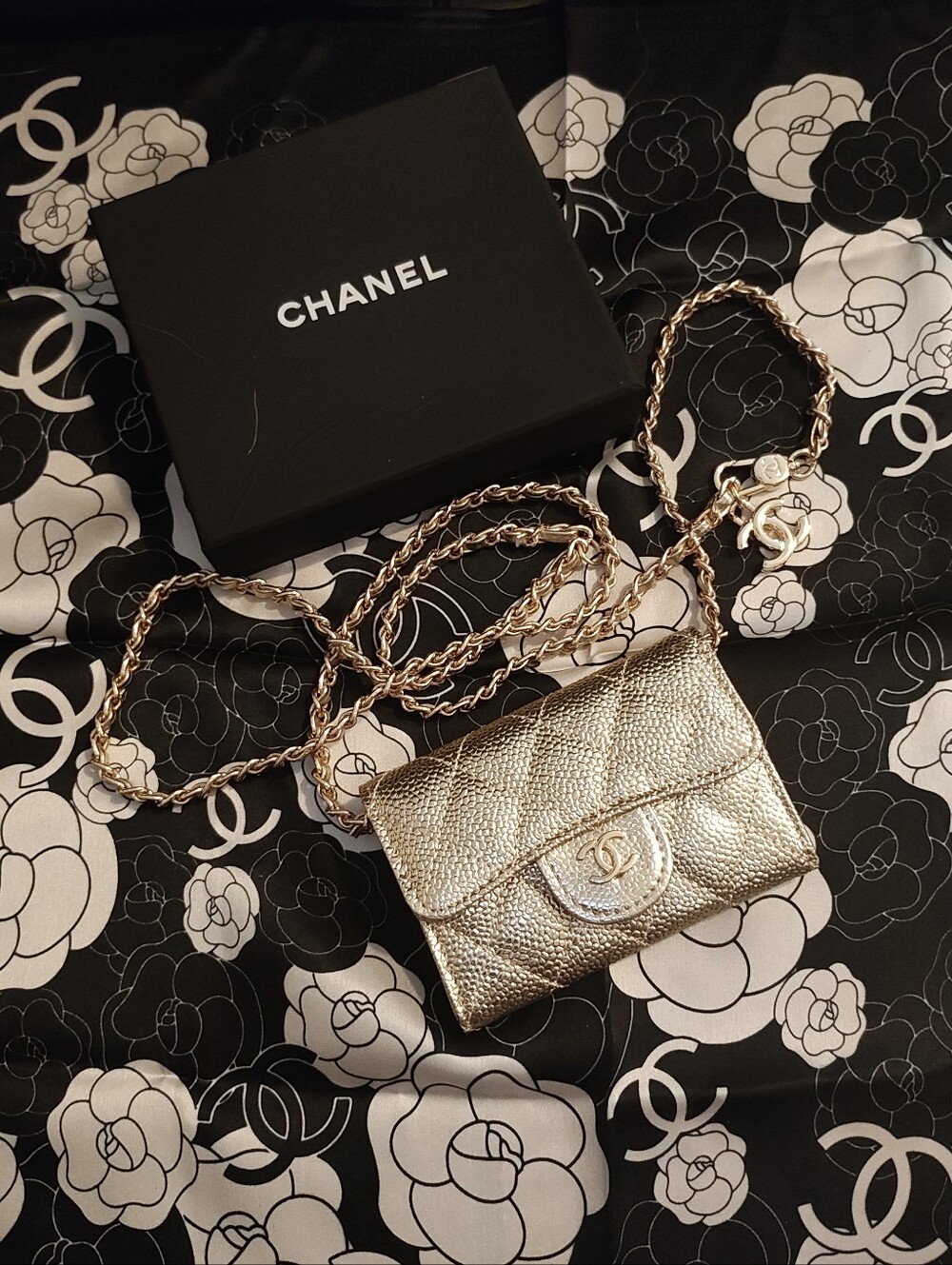 Gold Quilted Mini Crossbody Wallet With Luxury Logo Detail - Picture 7 of 9